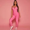 Trendy & Unique Athletic Deep V Neck Crossed Backless Honeycomb Jumpsuit - Hot Pink 2 Trendy & Unique Athletic Deep V Neck Crossed Backless Honeycomb Jumpsuit - Hot Pink