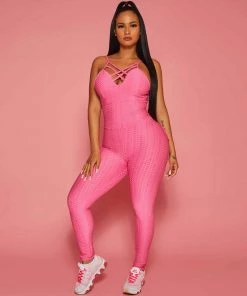Trendy & Unique Athletic Deep V Neck Crossed Backless Honeycomb Jumpsuit - Hot Pink