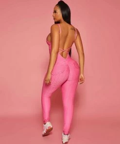 Trendy & Unique Athletic Deep V Neck Crossed Backless Honeycomb Jumpsuit - Hot Pink