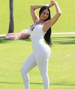 Trendy & Unique What's New Athletic Deep V Neck Crossed Backless Honeycomb Jumpsuit - White