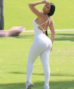 Trendy & Unique What's New Athletic Deep V Neck Crossed Backless Honeycomb Jumpsuit - White