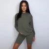Trendy & Unique What's New Athletic Hooded Sweatshirt Biker Short Matching Set - Army Green