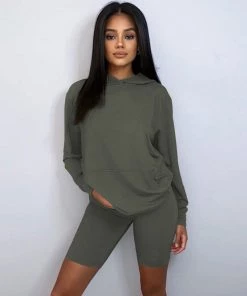 Trendy & Unique What's New Athletic Hooded Sweatshirt Biker Short Matching Set - Army Green