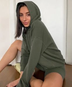 Trendy & Unique What's New Athletic Hooded Sweatshirt Biker Short Matching Set - Army Green