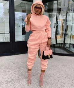 Trendy & Unique Athletic Long Sleeve Crop Hoodie Sweatsuit Matching Set - Coral Pink Clothing
