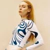 Trendy & Unique What's New Athletic Marble Print Contrast Seamed Long Sleeve Crop Top - Blue