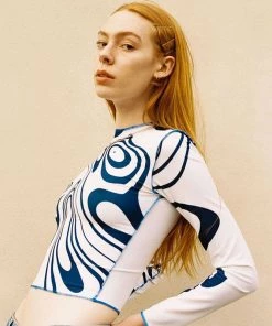 Trendy & Unique What's New Athletic Marble Print Contrast Seamed Long Sleeve Crop Top - Blue