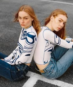 Trendy & Unique What's New Athletic Marble Print Contrast Seamed Long Sleeve Crop Top - Blue