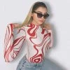 Trendy & Unique Athletic Marble Print Contrast Seamed Long Sleeve Crop Top - Red