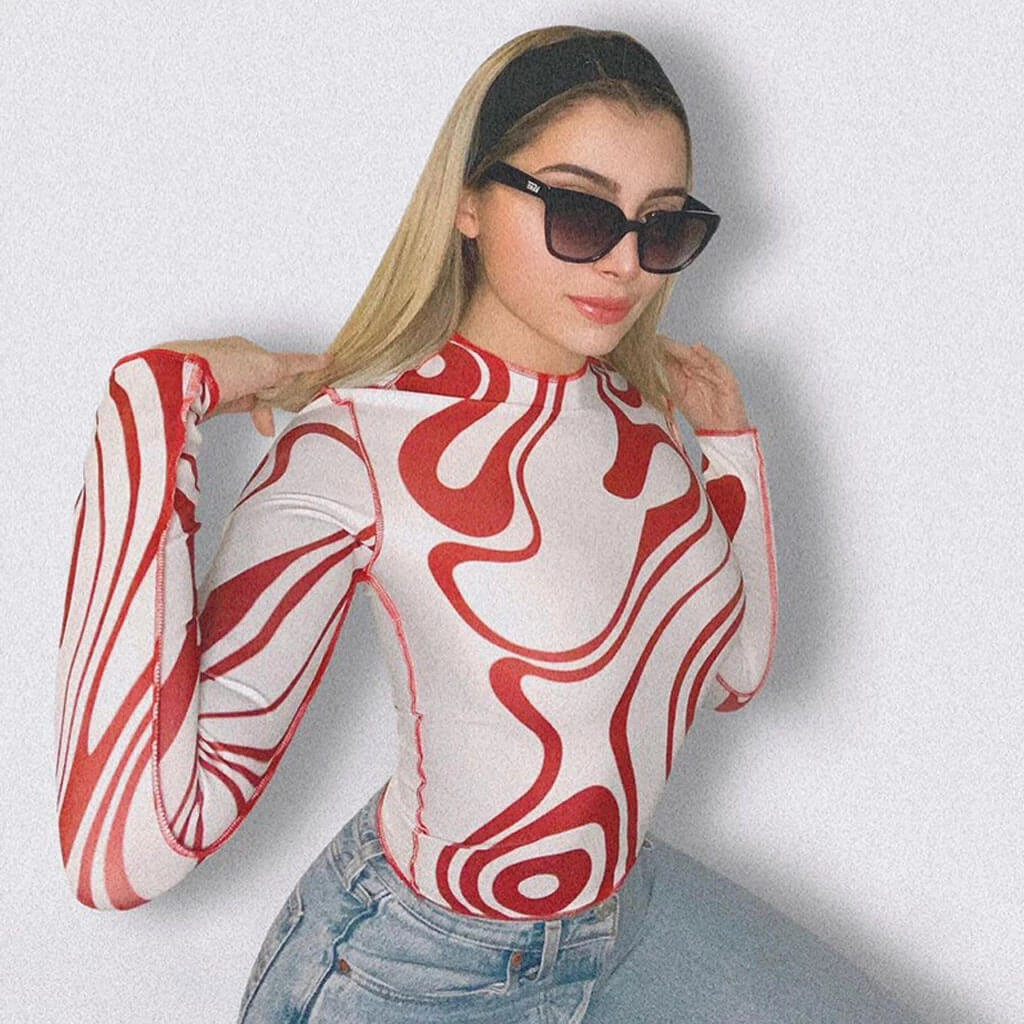 Trendy & Unique Athletic Marble Print Contrast Seamed Long Sleeve Crop Top - Red 3 Trendy & Unique Athletic Marble Print Contrast Seamed Long Sleeve Crop Top - Red