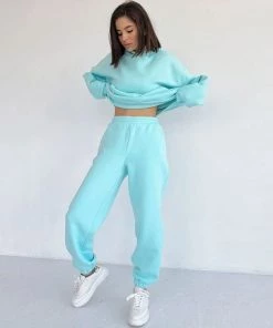 Trendy & Unique Athletic Patch Pocket Long Sleeve Hoodie Matching Set - Lake Blue Clothing