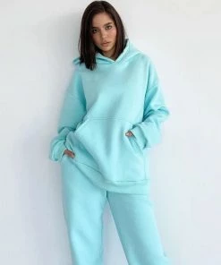 Trendy & Unique Athletic Patch Pocket Long Sleeve Hoodie Matching Set - Lake Blue Clothing