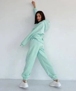 Trendy & Unique Athletic Patch Pocket Long Sleeve Hoodie Matching Set - Lake Blue Clothing