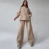 Trendy & Unique Athletic Solid Long Sleeve Wide Leg Hoodie Matching Set - Beige