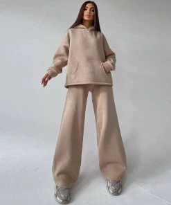 Trendy & Unique Athletic Solid Long Sleeve Wide Leg Hoodie Matching Set - Beige