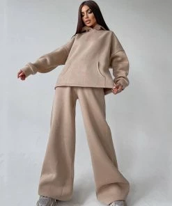 Trendy & Unique Athletic Solid Long Sleeve Wide Leg Hoodie Matching Set - Beige