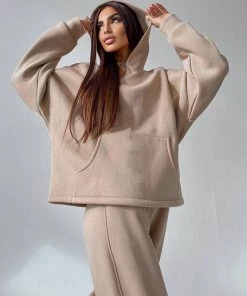 Trendy & Unique Athletic Solid Long Sleeve Wide Leg Hoodie Matching Set - Beige