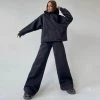 Trendy & Unique Clothing Athletic Solid Long Sleeve Wide Leg Hoodie Matching Set - Black