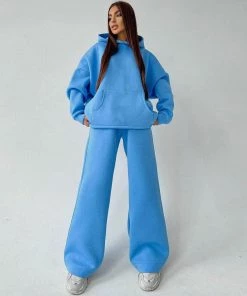 Trendy & Unique Clothing Athletic Solid Long Sleeve Wide Leg Hoodie Matching Set - Blue