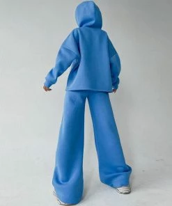 Trendy & Unique Clothing Athletic Solid Long Sleeve Wide Leg Hoodie Matching Set - Blue