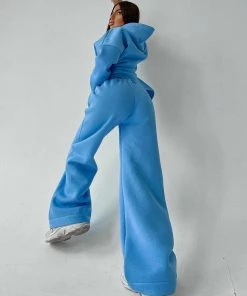 Trendy & Unique Clothing Athletic Solid Long Sleeve Wide Leg Hoodie Matching Set - Blue