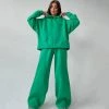 Trendy & Unique Athletic Solid Long Sleeve Wide Leg Hoodie Matching Set - Green