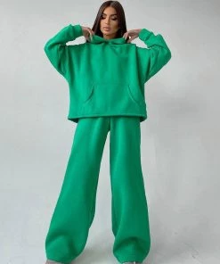 Trendy & Unique Athletic Solid Long Sleeve Wide Leg Hoodie Matching Set - Green