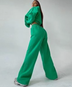 Trendy & Unique Athletic Solid Long Sleeve Wide Leg Hoodie Matching Set - Green