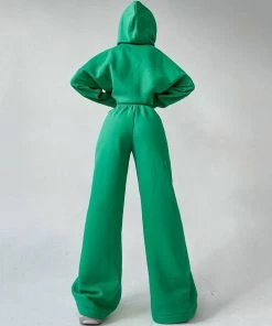 Trendy & Unique Athletic Solid Long Sleeve Wide Leg Hoodie Matching Set - Green