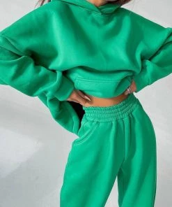 Trendy & Unique Athletic Solid Long Sleeve Wide Leg Hoodie Matching Set - Green