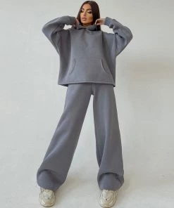 Trendy & Unique Athletic Solid Long Sleeve Wide Leg Hoodie Matching Set - Light Gray Clothing