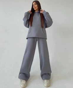 Trendy & Unique Athletic Solid Long Sleeve Wide Leg Hoodie Matching Set - Light Gray Clothing