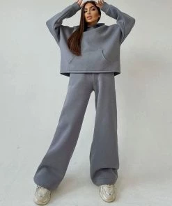 Trendy & Unique Athletic Solid Long Sleeve Wide Leg Hoodie Matching Set - Light Gray Clothing