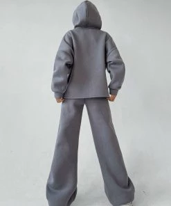 Trendy & Unique Athletic Solid Long Sleeve Wide Leg Hoodie Matching Set - Light Gray Clothing