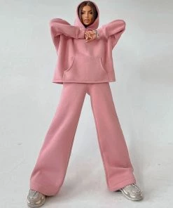 Trendy & Unique Athletic Solid Long Sleeve Wide Leg Hoodie Matching Set - Pink