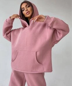 Trendy & Unique Athletic Solid Long Sleeve Wide Leg Hoodie Matching Set - Pink