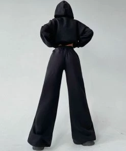 Trendy & Unique Athletic Solid Long Sleeve Wide Leg Hoodie Matching Set - Pink