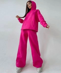 Trendy & Unique Clothing Athletic Solid Long Sleeve Wide Leg Hoodie Matching Set - Rose