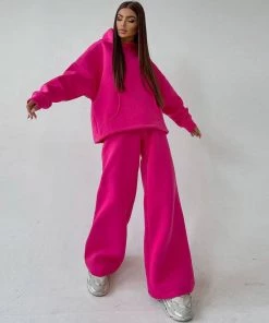 Trendy & Unique Clothing Athletic Solid Long Sleeve Wide Leg Hoodie Matching Set - Rose