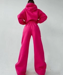 Trendy & Unique Clothing Athletic Solid Long Sleeve Wide Leg Hoodie Matching Set - Rose