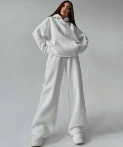 Trendy & Unique Clothing Athletic Solid Long Sleeve Wide Leg Hoodie Matching Set - White