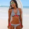 Trendy & Unique Athletic Stripe Print Contrast Tie Halter Triangle Bikini Set - Black What's New