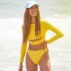 Trendy & Unique Athletic Style High Leg Long Sleeve Rash Guard Bikini Set - Yellow