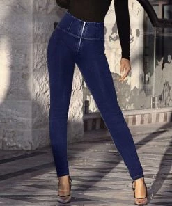 Trendy & Unique Athletic Style High Waist Zip Up Skinny Yoga Jeans - Dark Blue What's New