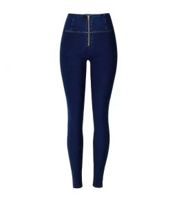 Trendy & Unique Athletic Style High Waist Zip Up Skinny Yoga Jeans - Dark Blue What's New