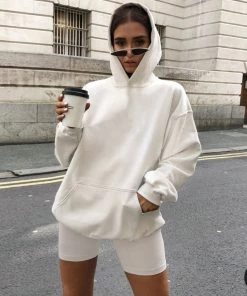 Trendy & Unique Athletic Style Hooded Sweatshirt Biker Short Matching Set - White