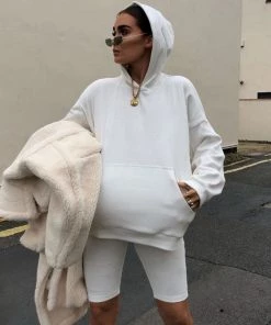 Trendy & Unique Athletic Style Hooded Sweatshirt Biker Short Matching Set - White