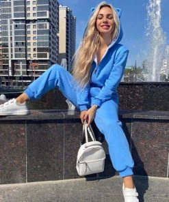 Trendy & Unique Athletic Style Kitty Hooded Zip Up Long Sleeve Jumpsuit - Blue