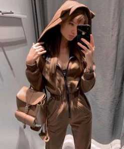 Trendy & Unique Athletic Style Kitty Hooded Zip Up Long Sleeve Jumpsuit - Khaki