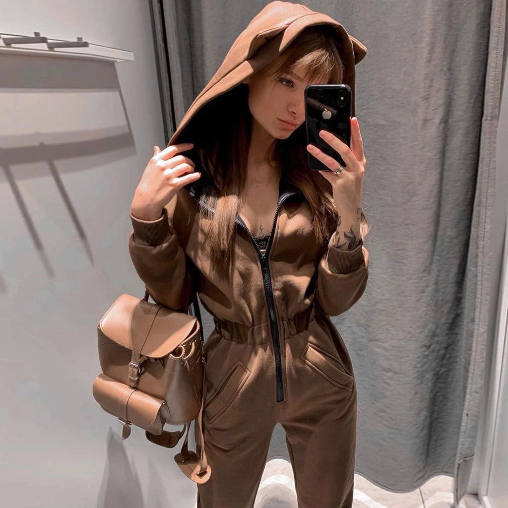 Trendy & Unique Athletic Style Kitty Hooded Zip Up Long Sleeve Jumpsuit - Khaki 4 Trendy & Unique Athletic Style Kitty Hooded Zip Up Long Sleeve Jumpsuit - Khaki